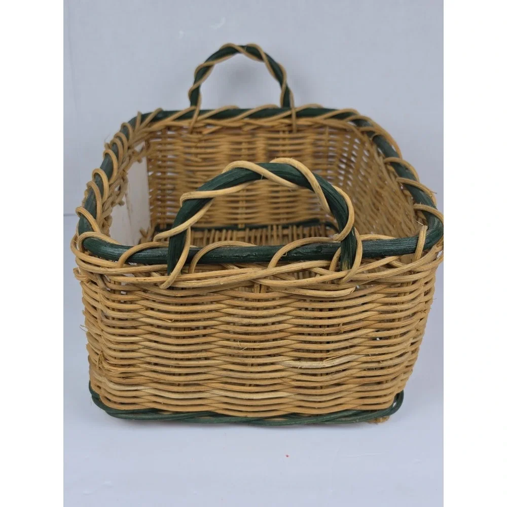 Woven Wicker Basket With Painted Ceramic Tile Accents Gardening Theme Handles
